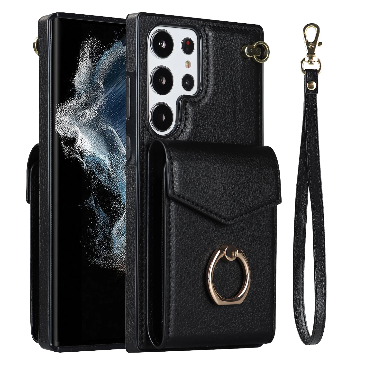 Case for Samsung Galaxy S23 Ultra S22 Plus S21 S20 FE Note 20 10 Phone Cover PU Leather Card Slots Lanyard Ring Stand Back Shell