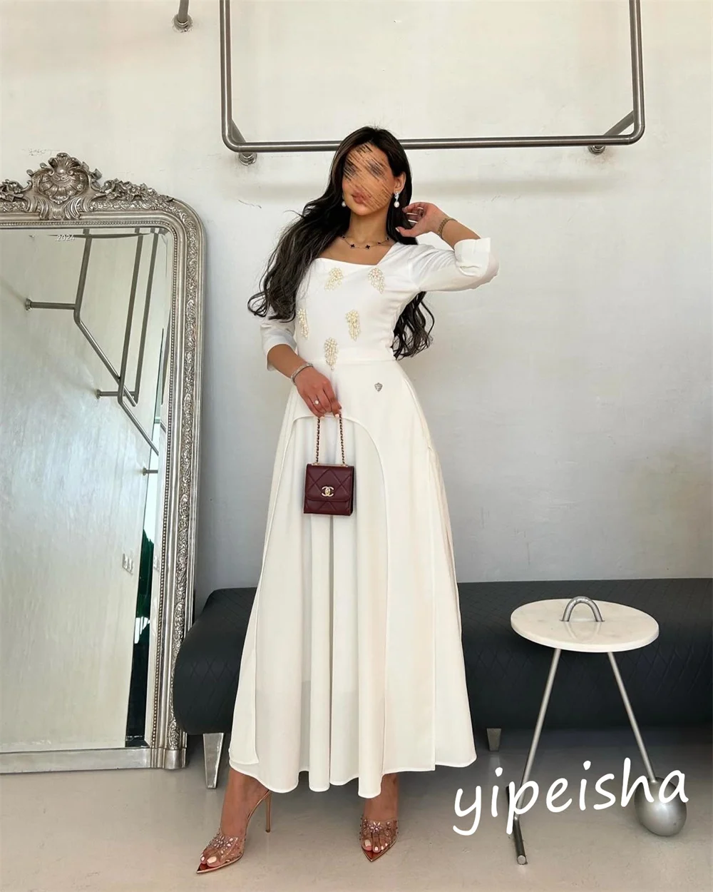 Jiayi Gong шифоновое жемчужное платье знаменитостей трапециевидной формы с вырезом