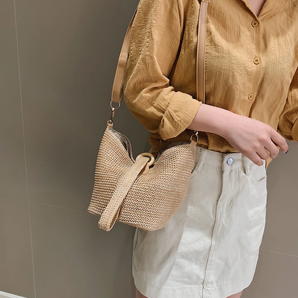 Designer Bags for Women Boho Straw Bag Bucket Women Handbags Wrist Bohemian Beach Bag Shoulder Crossbody Bags Lady Purses Clutch