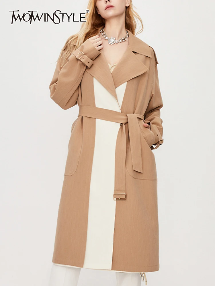 

Женский Повседневный Тренч TWOTWINSTYLE, разноцветный Тренч с отложным воротником и длинными рукавами, на шнуровке,