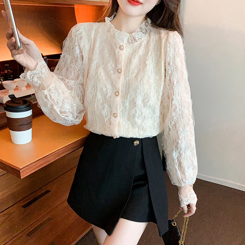 Elegant Long Sleeve Lace Shirts Women 2023 Spring New Korean Fashion Ruffle Stand Collar Tops and Blouses Female