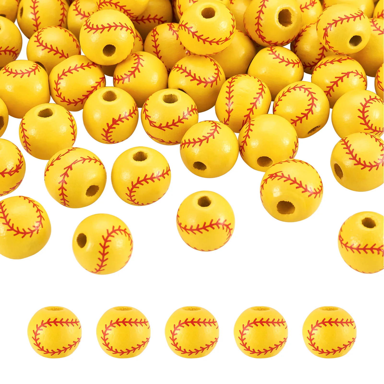 

100Pcs Wood Beads Dyed Baseball Pattern Round Loose Bead Sport Theme Beading Supplies DIY Bracelet Jewelry Making 15.5x14.5mm