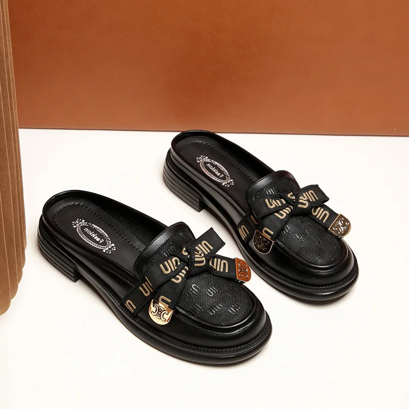 Loafers Baotou Half-Slippers Women'S Single Shoes 2023 New Summer Women'S Shoes Bowknot Hollow Mesh Outer Wear Sandals Fashion