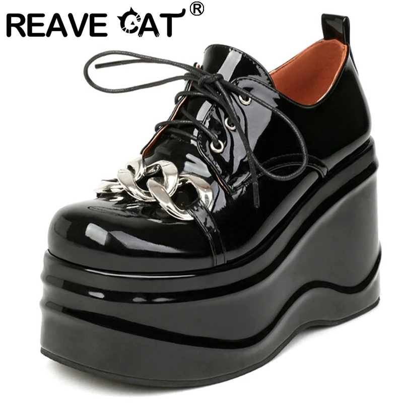

REAVE CAT New Women Platform Pumps Round Toe Block Heels Lace-Up Metal Decoration Plus Size 34-44 Solid Black Green Spring S3394
