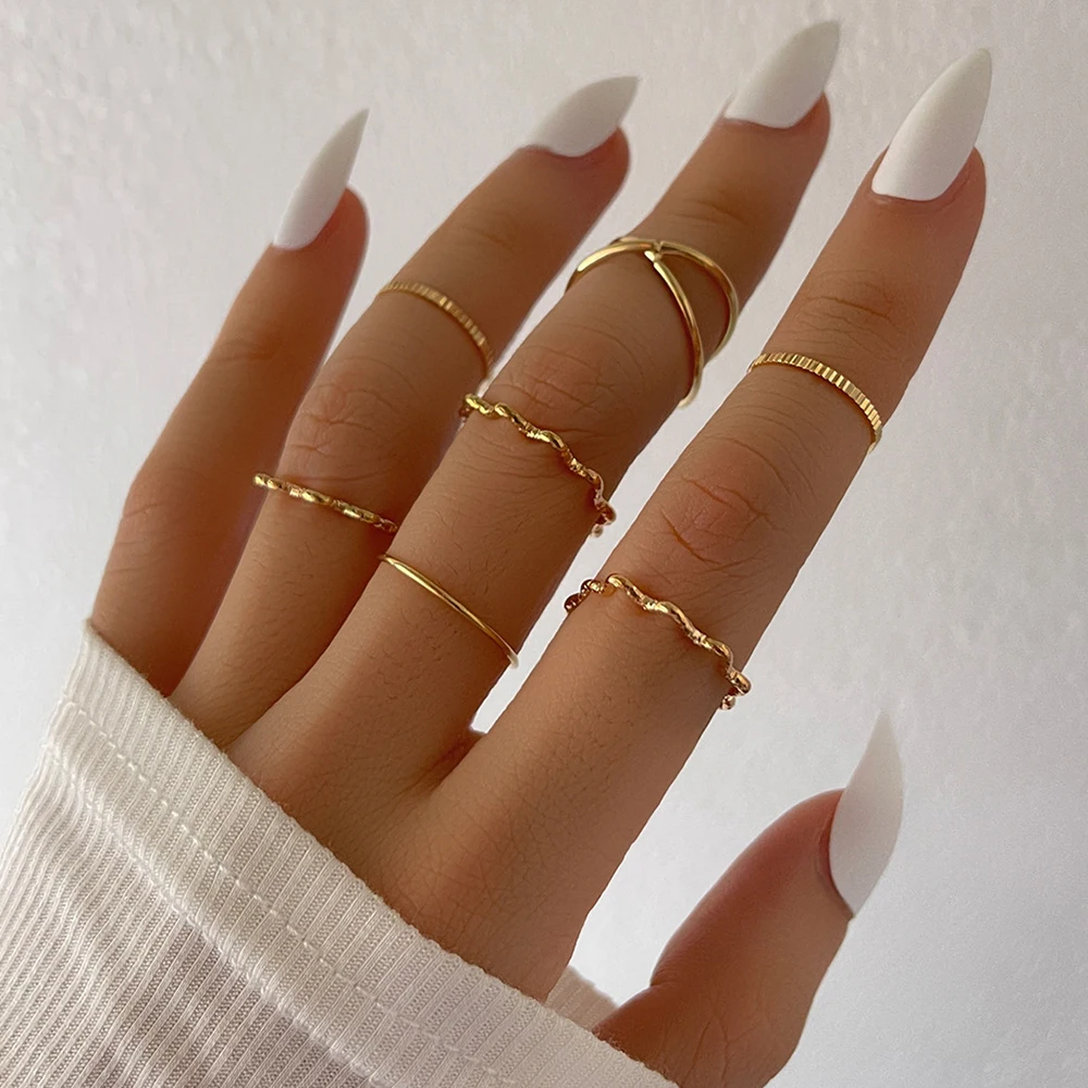 

Boho Metal Geometric Joint Finger Rings Set for Women Vintage Gold Circle Cross Wave Twist Ring 2022 New Summer Punk Jewelry 7Pc