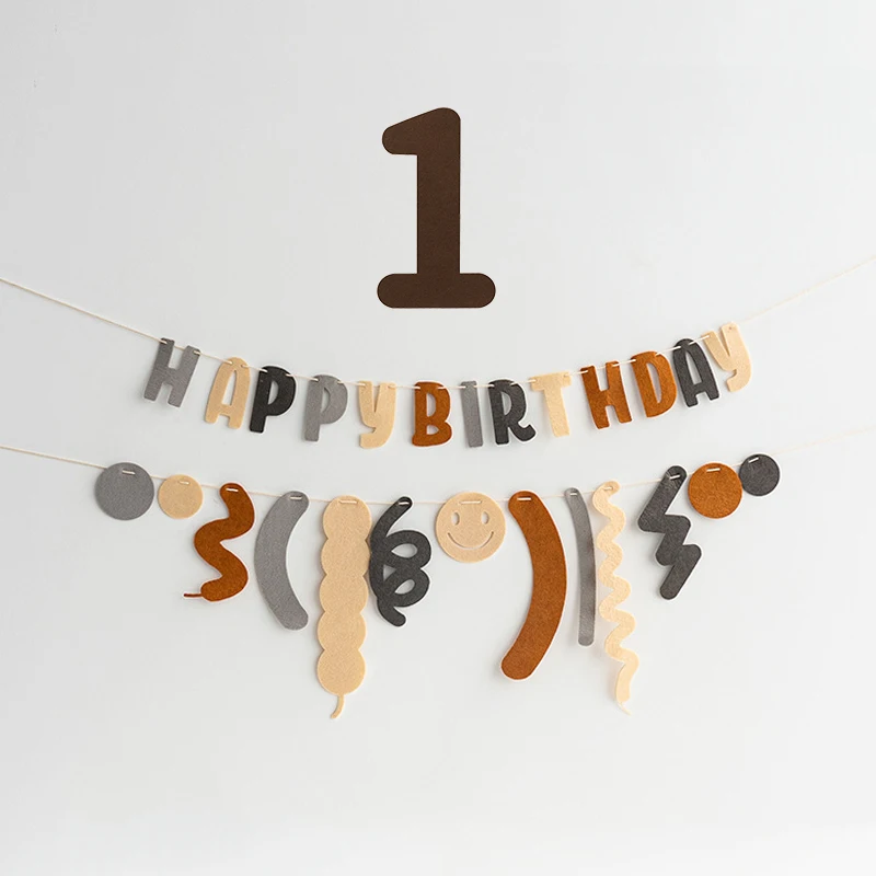 

1Set Happy Birthday Banner Garland with Felt Number 1st Kids Boy Girl Birthday Party Decorations INS Style Cream Caramel Color