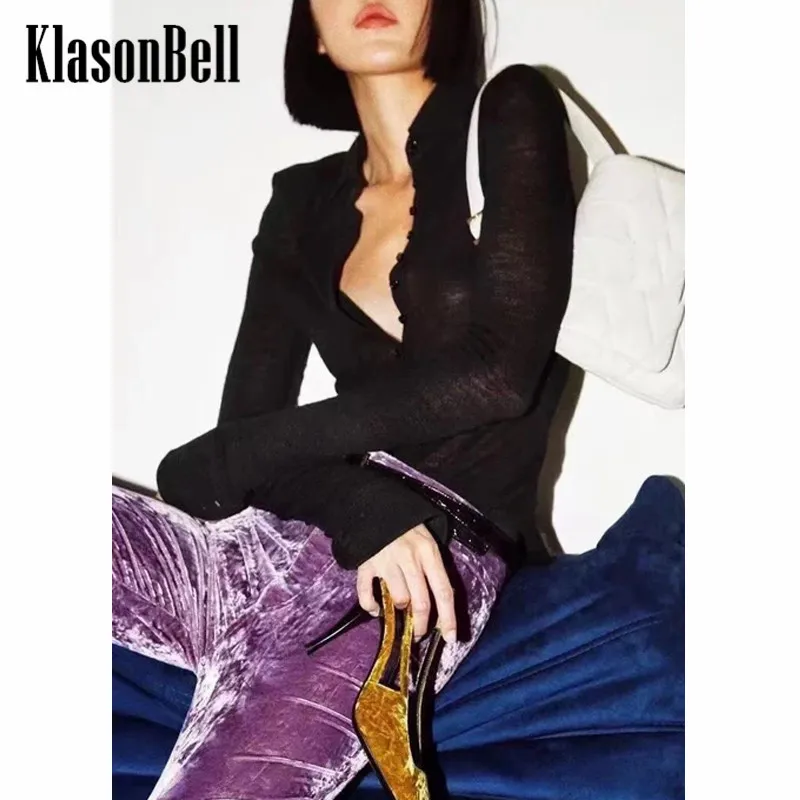 10.24 KlasonBell Black Blouse Wool Blends Elastic Slim Soft Comfortable BaseShirt Single Breasted Shirt Women