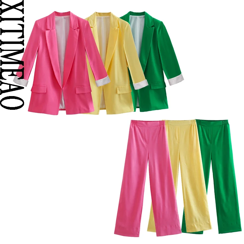 

Women New Fashion With Striped Lining Office Wear Buttonless Blazer Coat Vintage Long Sleeve Pockets Female Linen Suit Outerwear