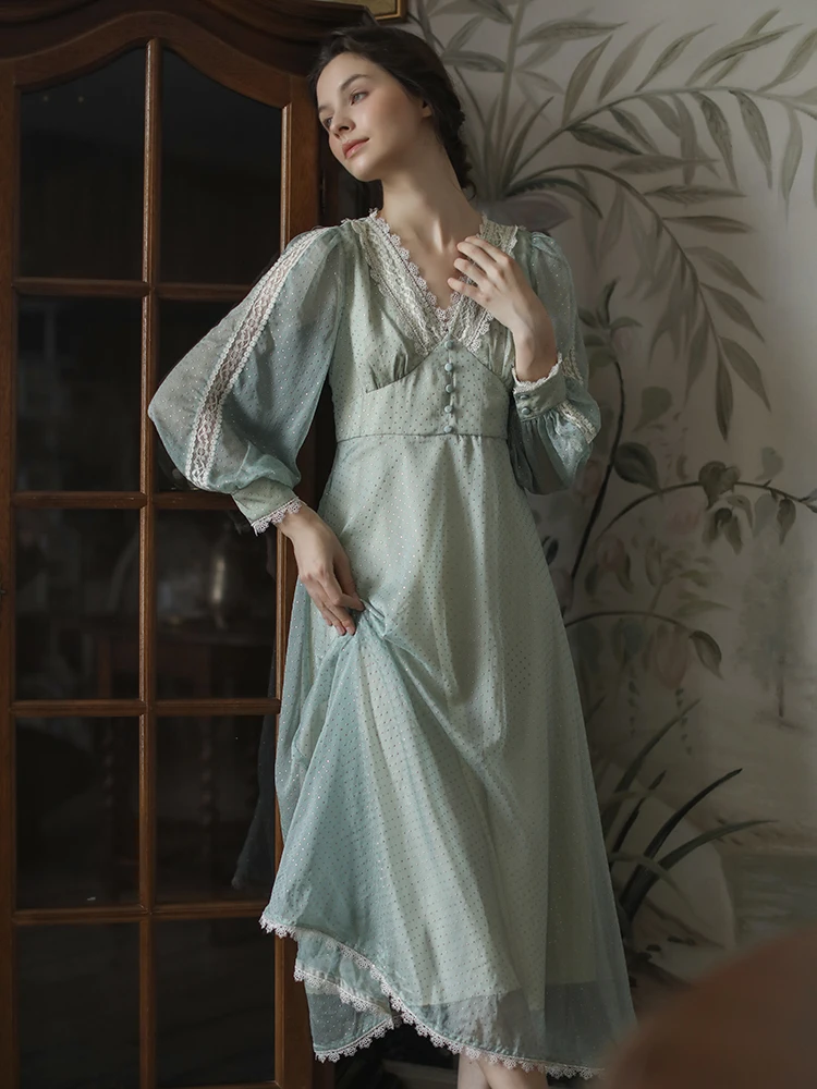 Summer Autumn Original Design Women Sweet Mori Kei Lace Patchwork Vintage Polka Dots Flowy V-neck Long Dresses