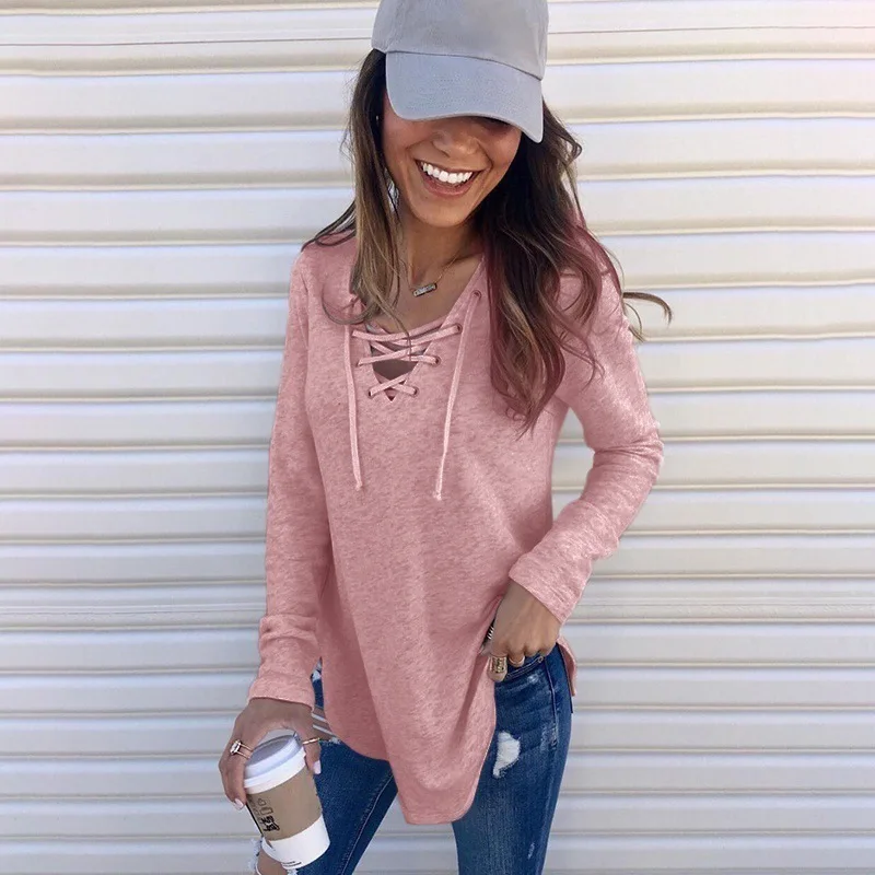 

2021 Women's Top Solid Color V-Neck Eyelet Tie Loose T-Shirt one