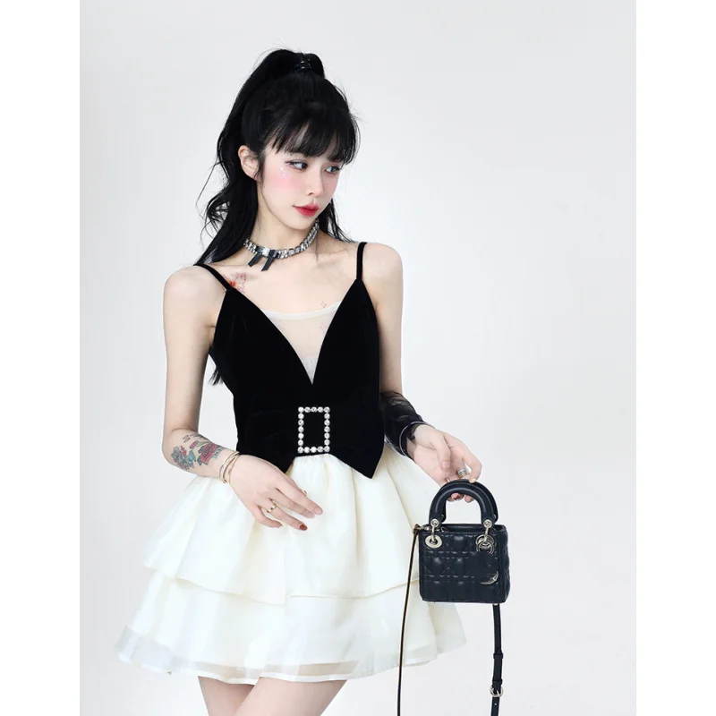 

Womens Black Dress Irregular Contrasting Colors Sexy America Fashion Temperament Minimalist Female 2023 NEW Summer Miniskirt