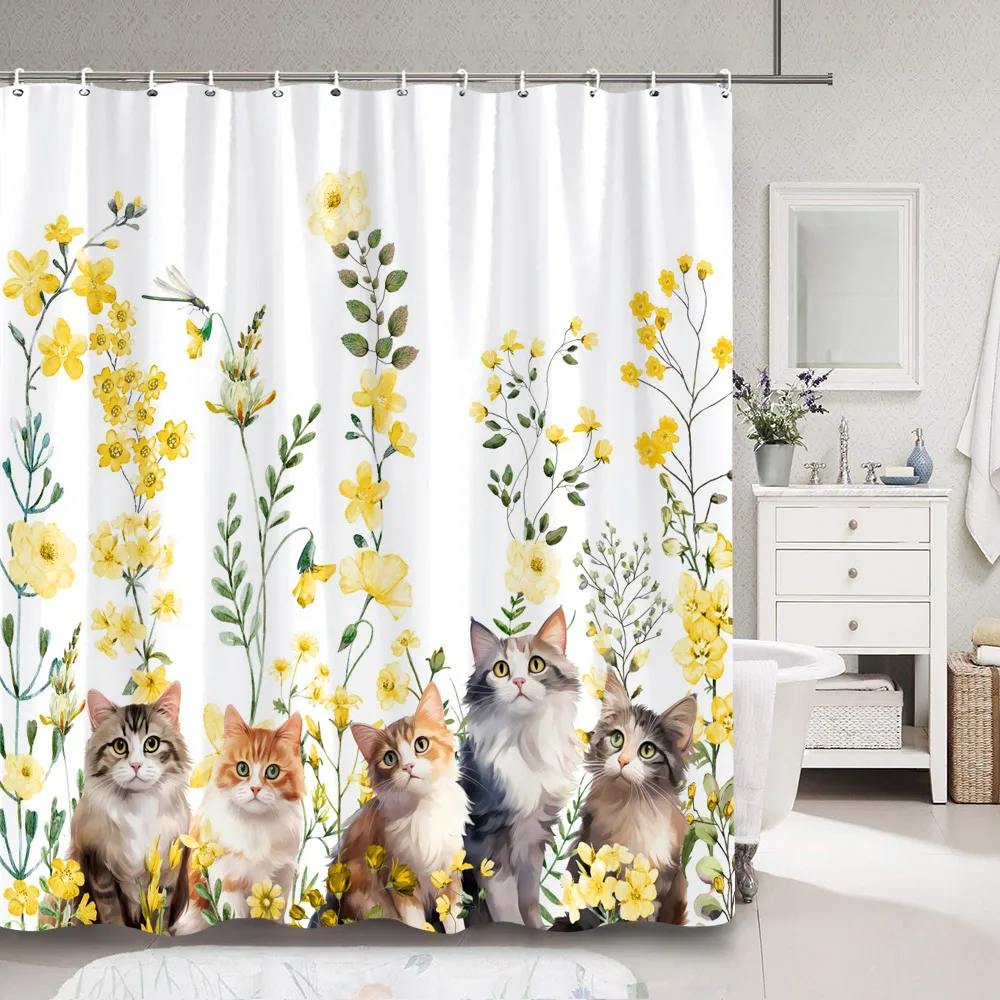 Забавная занавеска для душа с котом в цветах зеленые листья эвкалипта цветочные