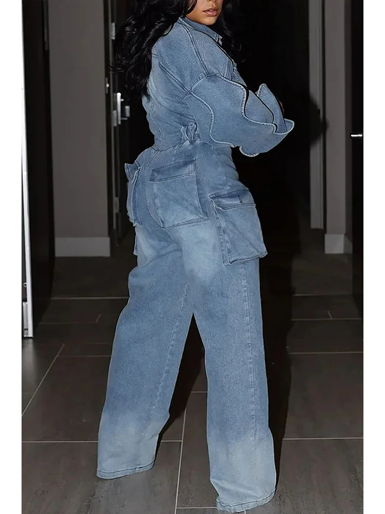 Женский джинсовый комбинезон с рукавами-фонариками винтажный в стиле ретро