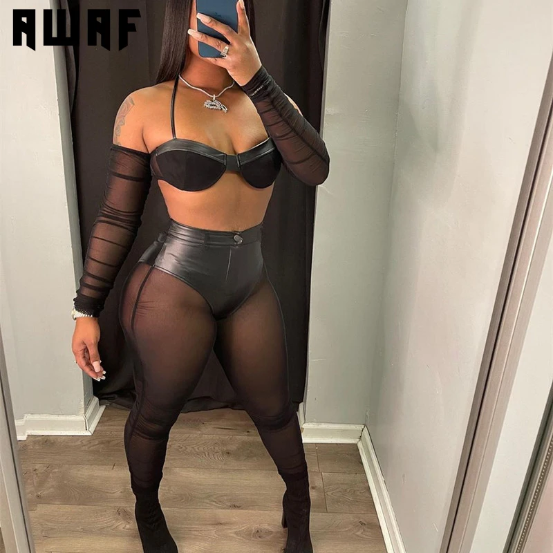 

AWAF Sexy PU Leather Tube Top Splicing Patchwork PU Pants Suit for Women Fashion Party Sling Underwear Leather Pants 2 Piece Set