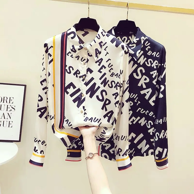 

2022 New Fashion Print Women Blouses Long Sleeve Turn-down Collar Shirt Casual Tops Plus Size Elegant Work Shirt Blusas Mujer