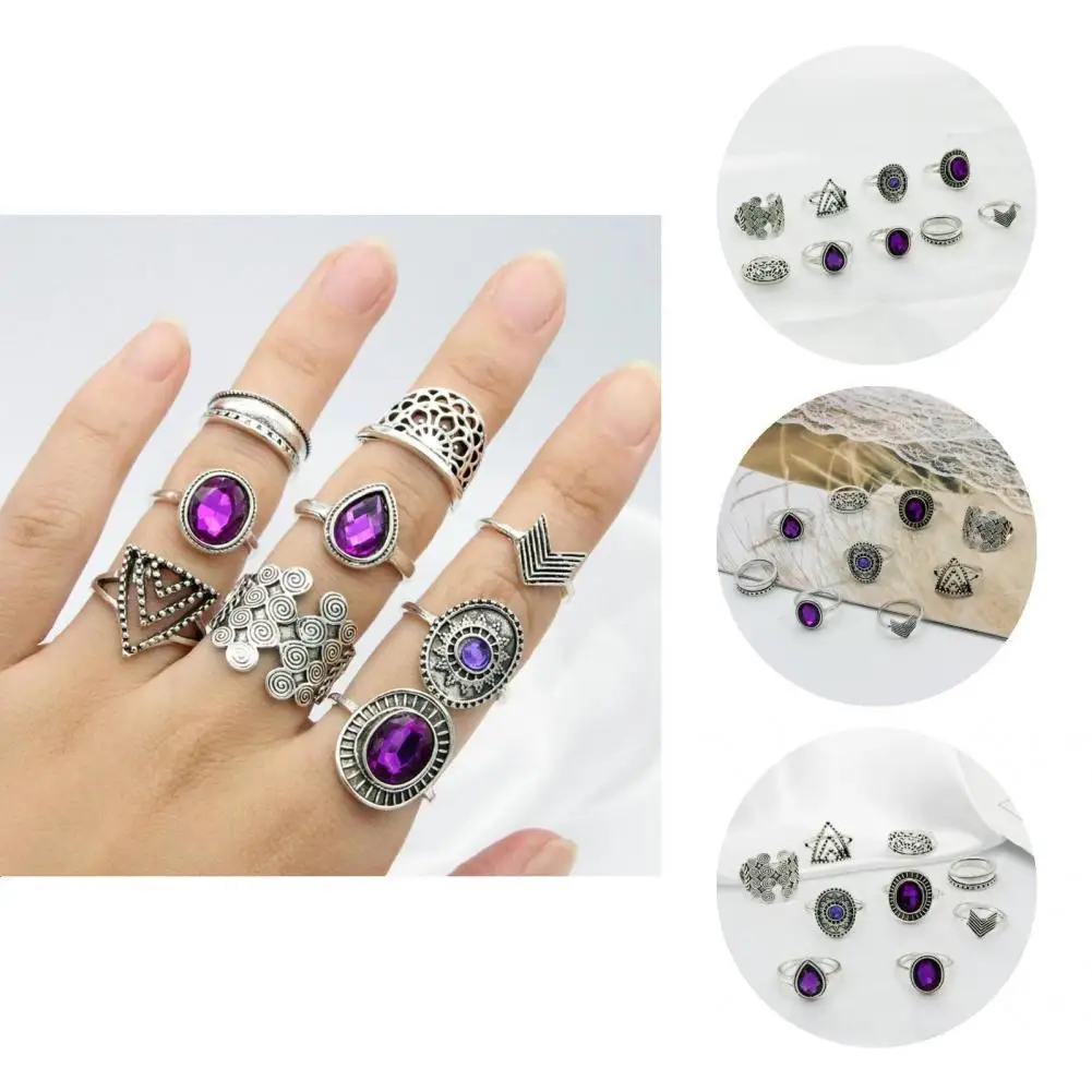 

Alloy 9Pcs/set Creative Rhinestone Triangle Shape Women Rings Silver Color Finger Bands Exquisite for Date
