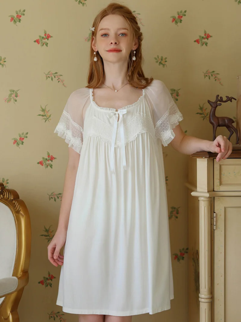 

Women Spring Summer Sleepwear Sexy Lace Crop Sleeveless Nightdress Cotton Fairy Mesh Princess Pajamas Victorian Nightgowns