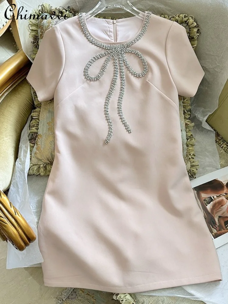 Sweet Pink Short Sleeve Dress for Women 2023 Summer New Diamond Studded By Hand Bow A- Line Dress Female Slim Fit Dress