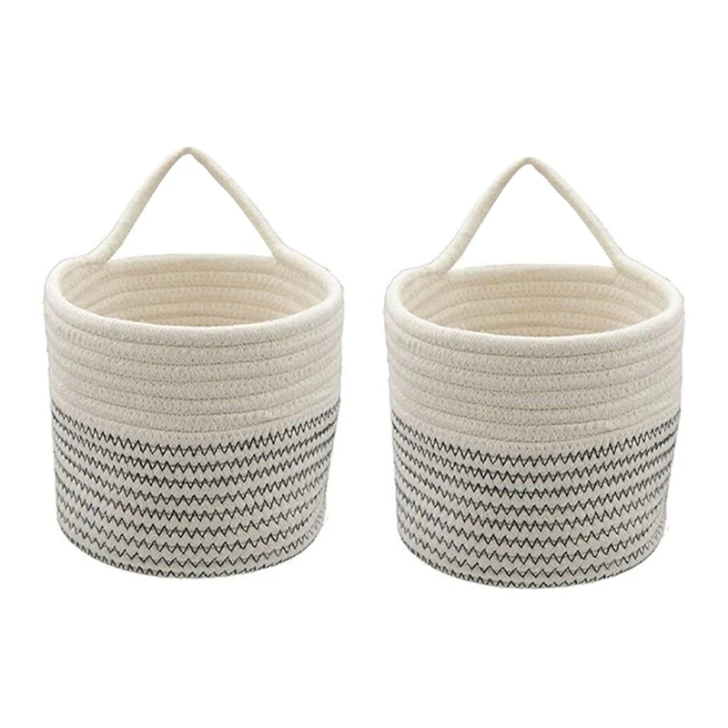

2X Wall Rope Baskets Cotton Rope Baskets Woven Baskets Storage Hanging Baskets For Organizing Round Baskets For Plants