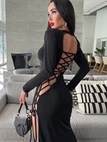 black dress woman beveled slit lace up backless dress autumn winter new solid o neck party sexy long sleeve dresses for women