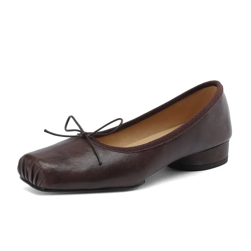 

Туфли женские из натуральной кожи, натуральный каблук, квадратный носок, бант-бабочка, Уличная обувь на высоком каблуке, Размеры 33-40