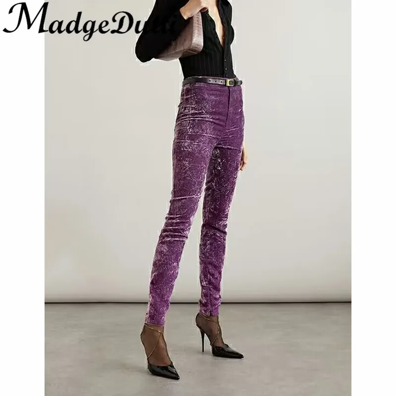 10.14 MadgeDutti Fashion High Waist Velvet Pleated Hem Zipper Split Pencil Pants Women