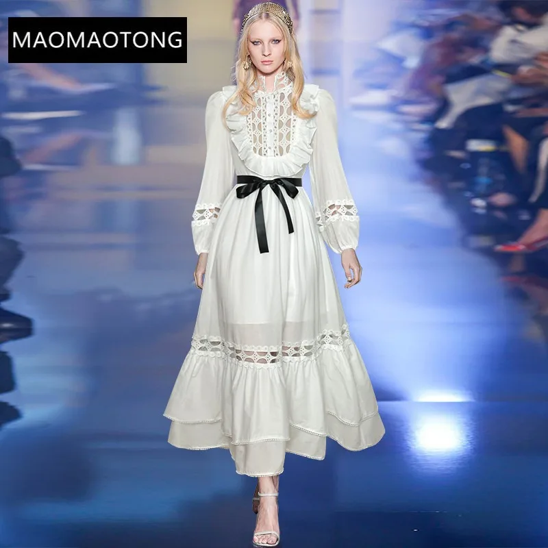 

Fashion Runway dress Spring Women's Dress Lantern sleeve Hollow out High waist Belted Elegant White Dress