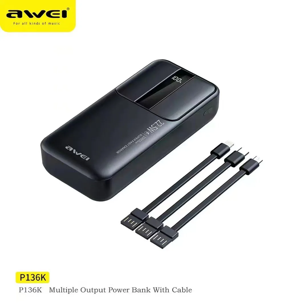 

AWEI P136K 20000mAh 22.5W Portable Power bank Built in Cables Detachable Fast Charging PowerBank For Lightning Type C Micro