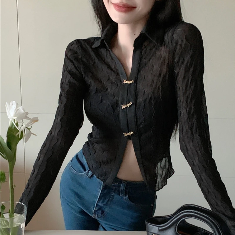 

Женский укороченный топ, Весенняя сетчатая эластичная футболка в корейском ретро-стиле с длинными рукавами, 2023