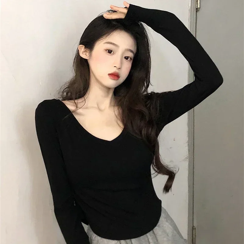 Футболка V-Hals Met Lange Mouwen Dames Koreaanse Lente Herfst Nieuwe Onregelmatige Zoom Slanke Повседневные футболки Y2K