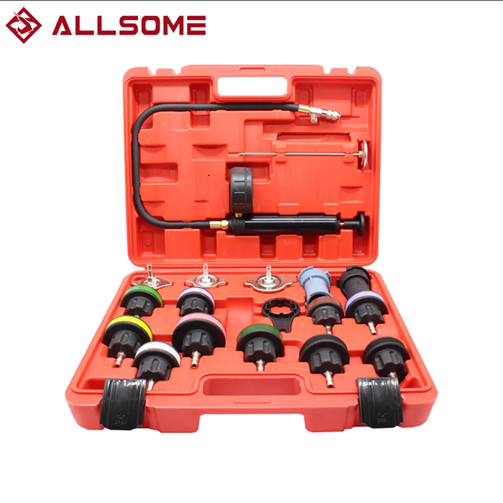 ALLSOME 18pcs Universal Radiator Pressure Tester Tool Kit Cooling System Testing Tool Water Tank Leakage Detector Nylon Material