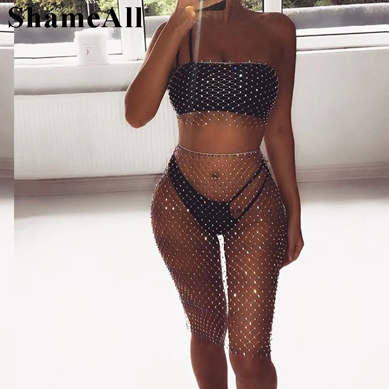 

Сексуальный сетчатый топ с кристаллами и бриллиантами, мини-юбка, комплект из 2 предметов, летние женские Клубные вечерние ажурные стразы, К...