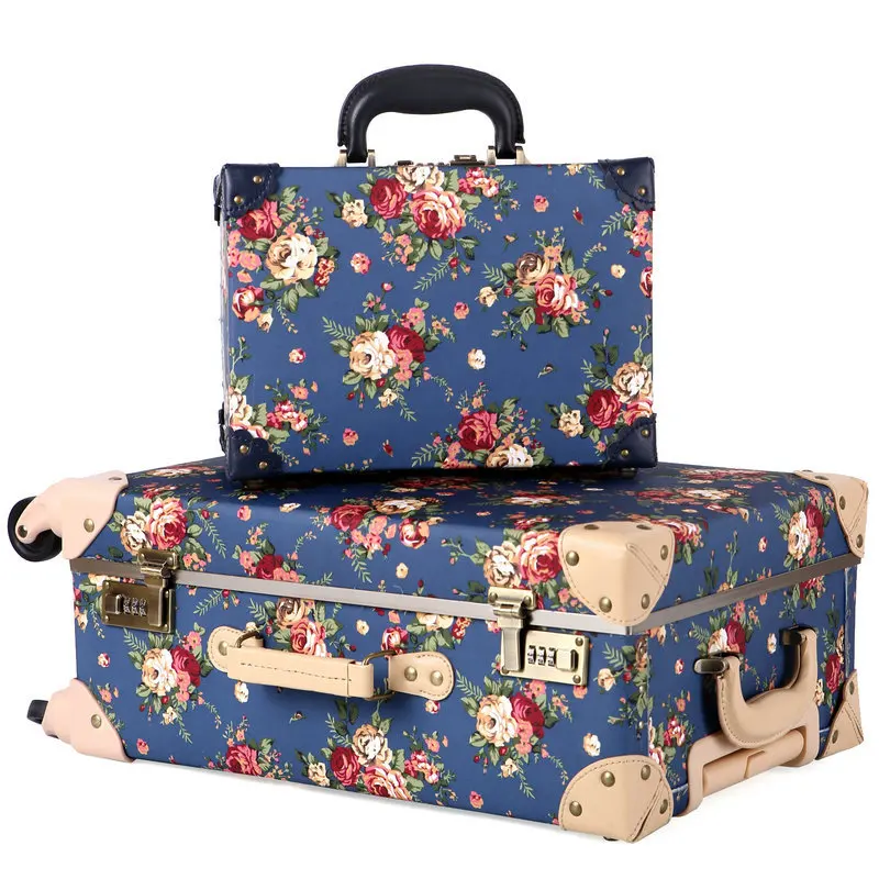 Women's Vintage Printed Travel Suitcase Floral Pattern Composite Waterproof Cloth Luggage Universal Wheel Trolley Luggage
