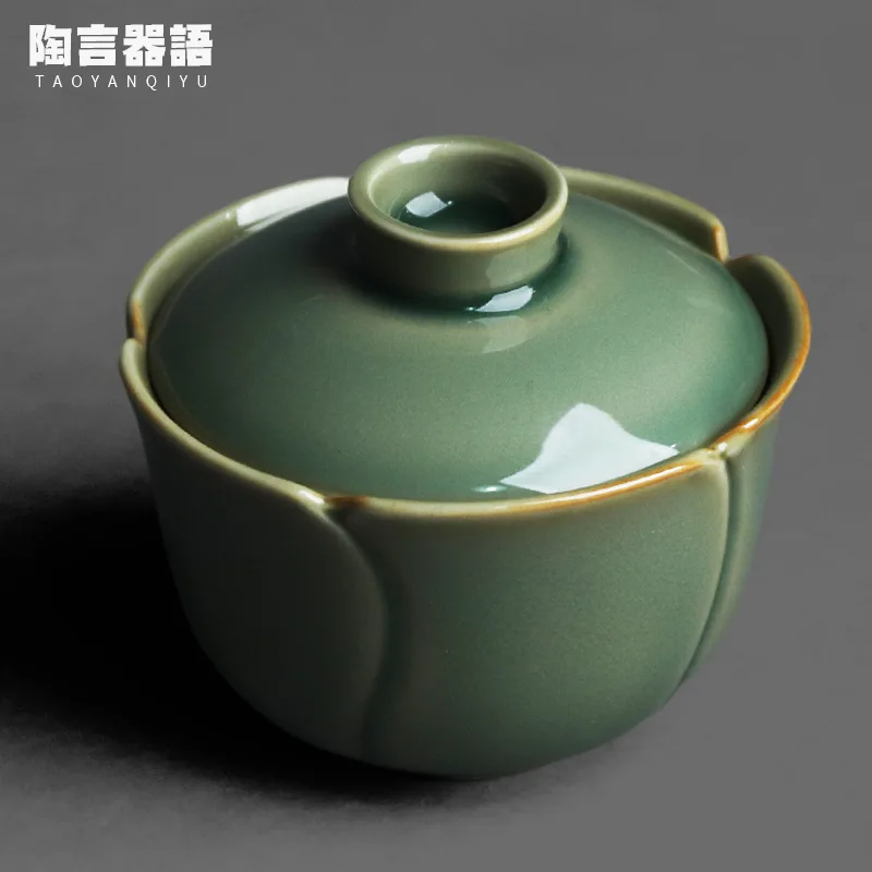 

Secret color raw ore Yue kiln celadon covered bowl tulip-shaped kung fu tea ceremony two-piece set wide mouth tea bowl