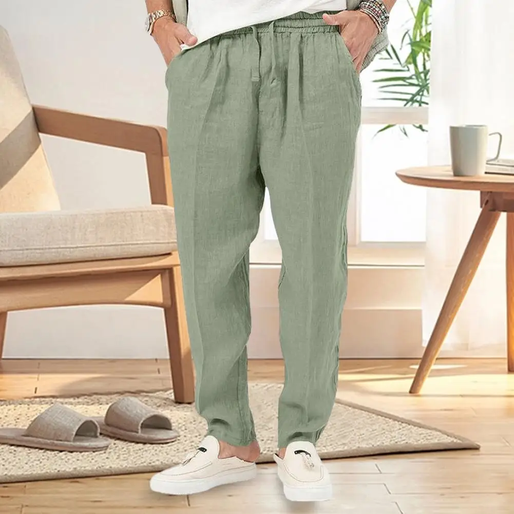 

Men Sports Pants Drawstring Elastic Waist Loose Casual Pants Pockets Soft Breathable Mid Waist Deep Crotch Men Long Trousers