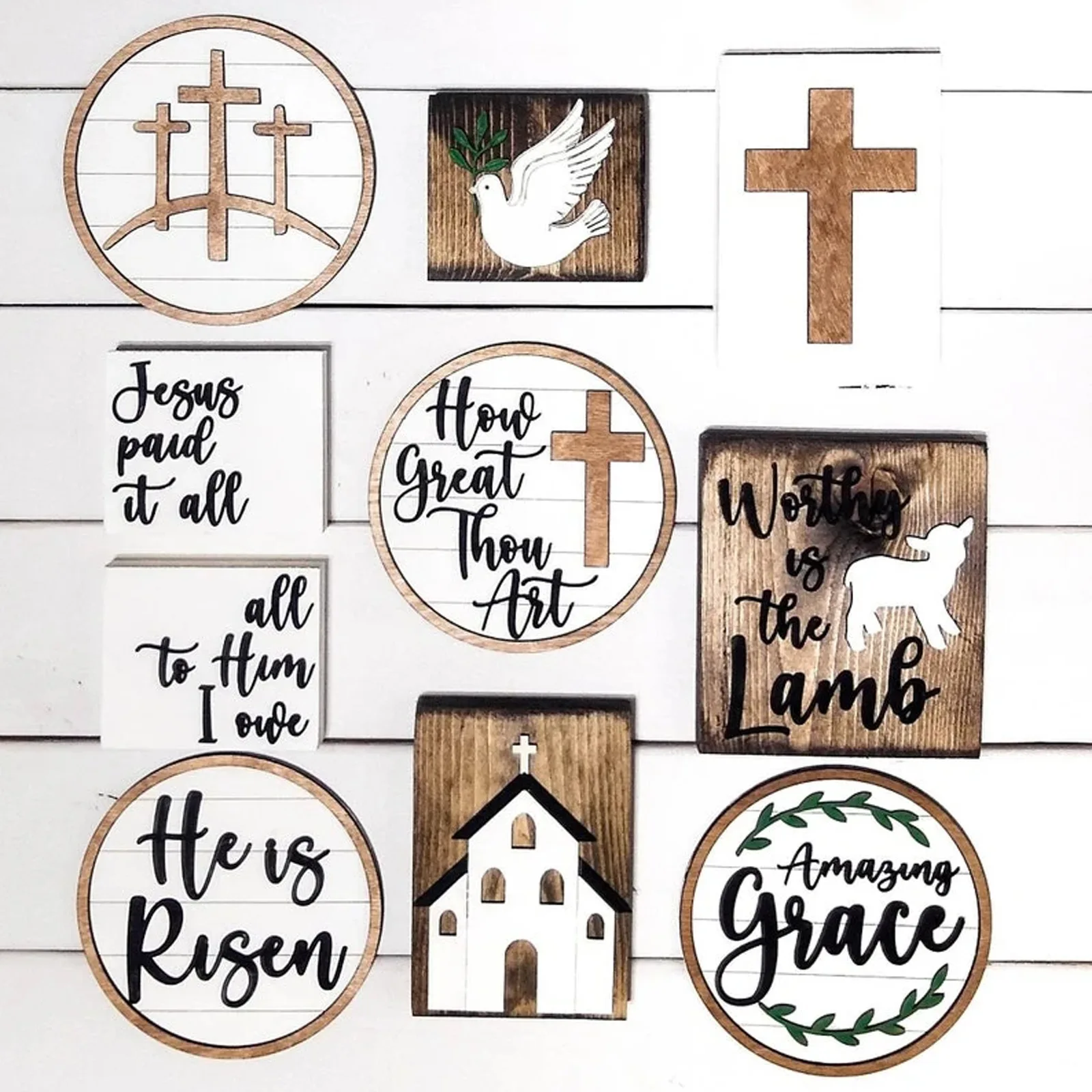

10 in 1 Jesus Cross Ornament Set Jesus is Risen Easter Tray Bundle Kit Desktop Wooden Decoration DIY Holiday Decor for Home Room