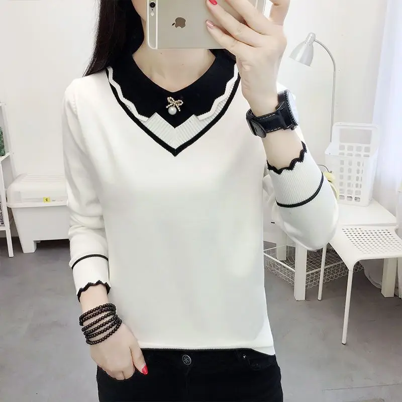 

Fake Two Pieces Casual T-Shirt Women's Lapel Tops Loose All-match Knitting Sweater Female Pullover Sweater Autumn Winter Female