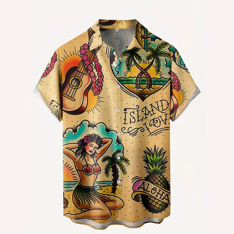 

Новая рубашка с 3d принтом кокосового дерева для мужчин и женщин, гавайская рубашка с отложным воротником, музыкальной гитарой, короткими рукавами и воротником на пуговицах