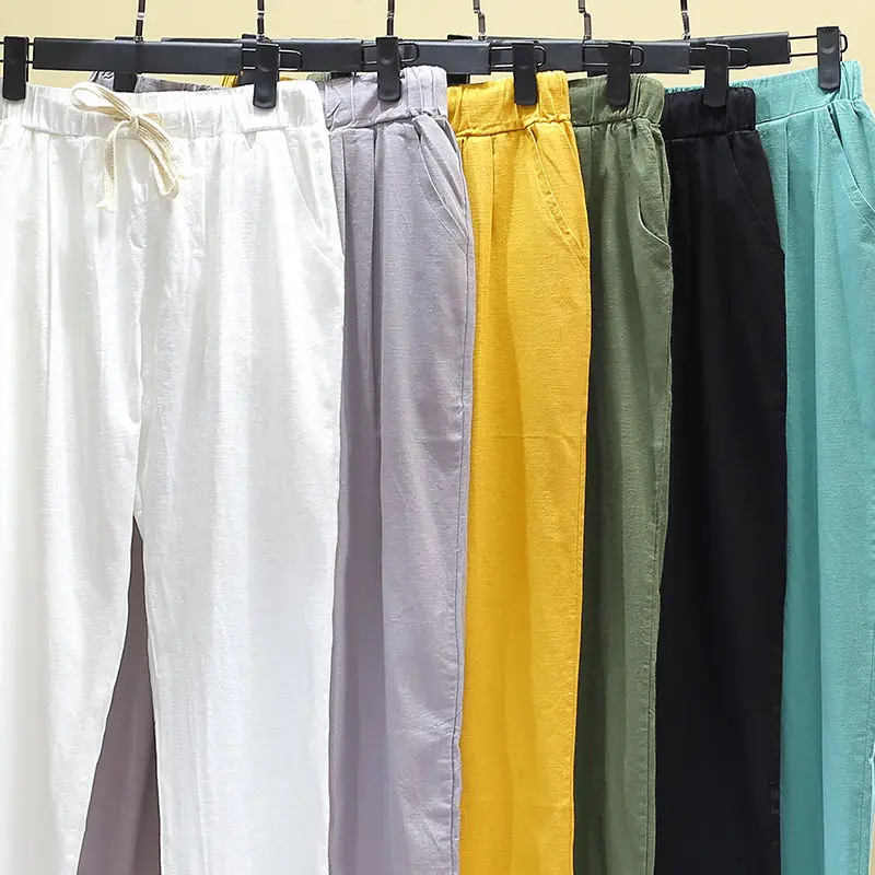 Summer 2022 Women Straight Pants Elastic High Waist White Cotton Linen Trousers Elegant Chic Fashion Office Wear Casual Vintage