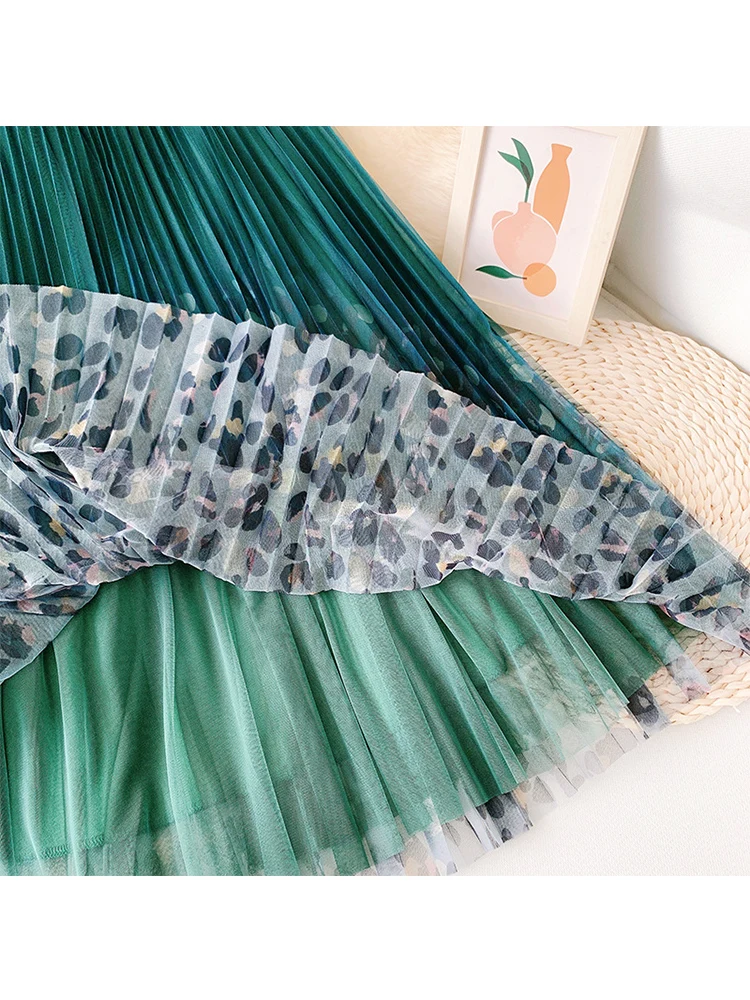 Женская трехслойная плиссированная юбка миди TIGENA зеленая длинная