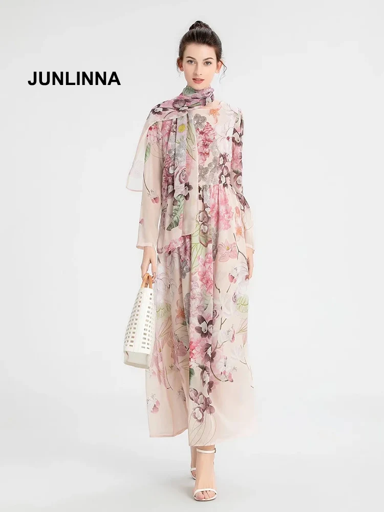 

JUNLINNA Women Chiffon Dress 2022 Spring Summer Beach Holiday Vestidos Scarf Printing Long Expansion Dresses