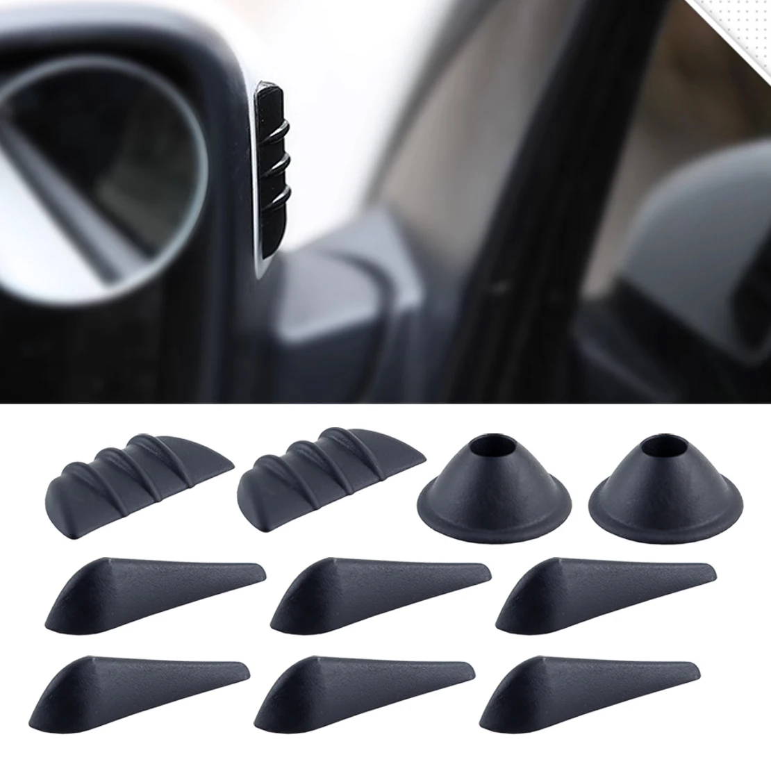 

10Pcs/set Universal Car Auto Exterior Fairing Body Spoiler Sticker Lowering Pillar Mirror Wind Noise Reduction Black Rubber