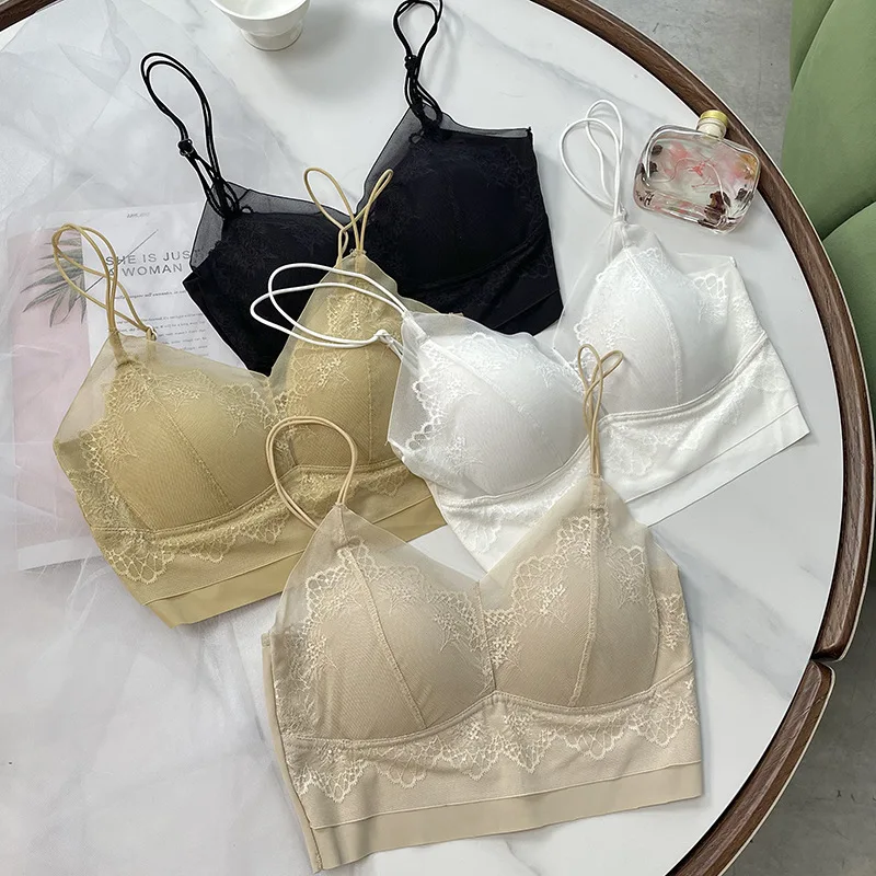 

New Sexy Beauty Back French Lace Comfortable Wireless Small Chest Push up Sling Ice Silk Traceless Ventilation Wrapped Chest