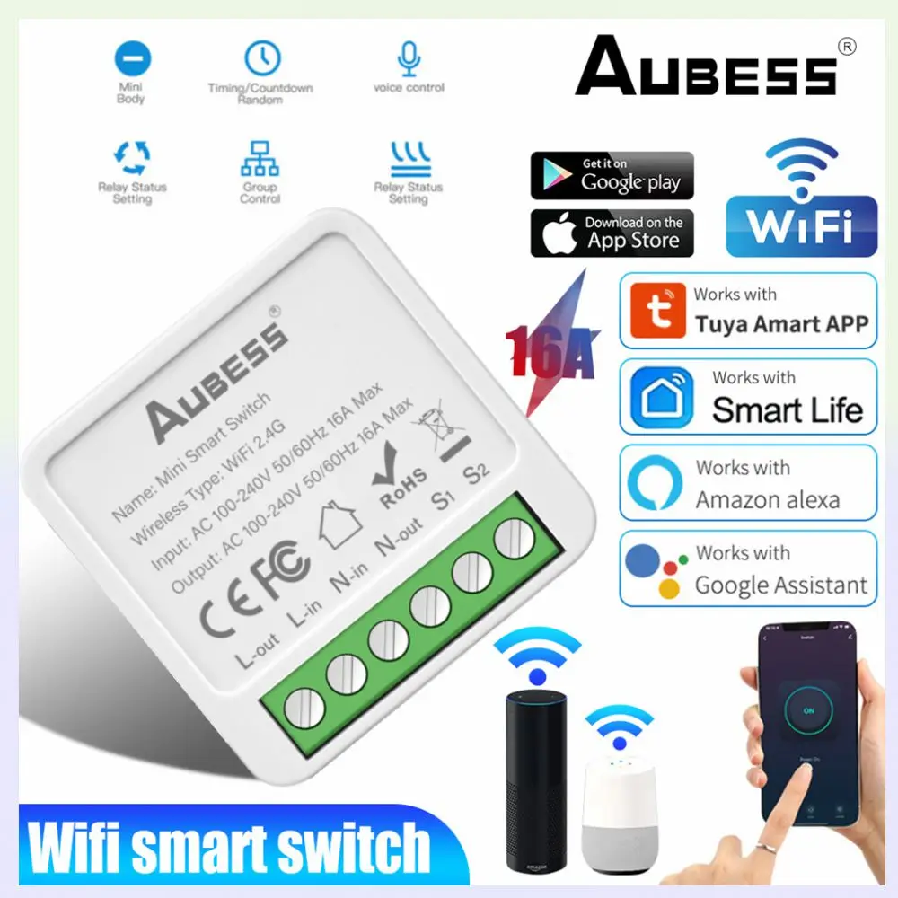 

WiFi Mini Smart Switch 10A 16A DIY Light Switches 2-Way Wireless Control Breaker With Tuya Smart Life Alexa Alice Google Home