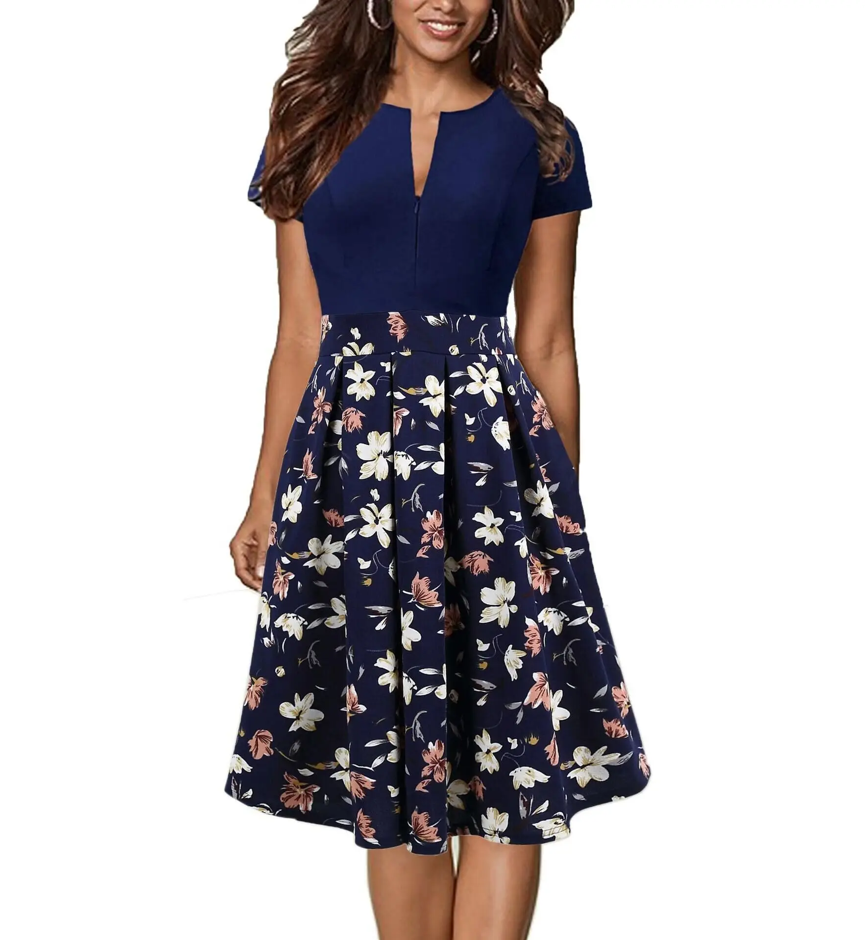 Женское плиссированное платье-трапеция до колена, с V-образным вырезом и коротким рукавом Женское плиссированное платье-трапеция до колена, с V-образным вырезом и коротким рукавом