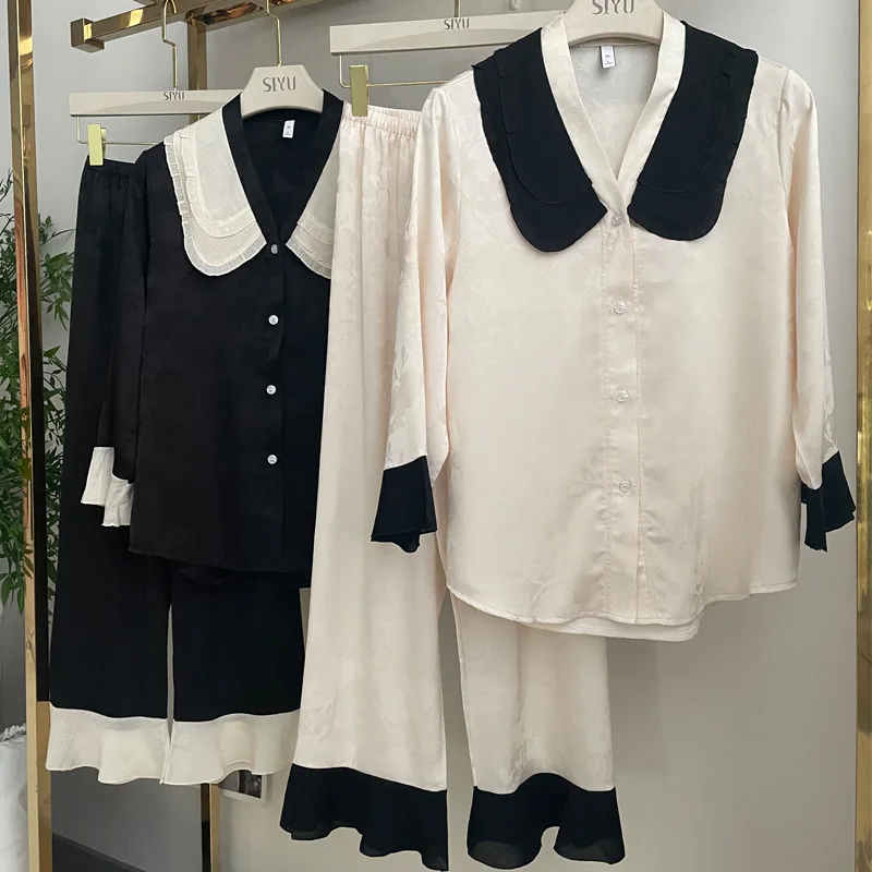 

Cute Silky Satin Pajama Sets 2023 Luxury Spring Autumn New Casual Fashion Jacquard Sleepwear Women Homewear Sexy Pijamas Mujer