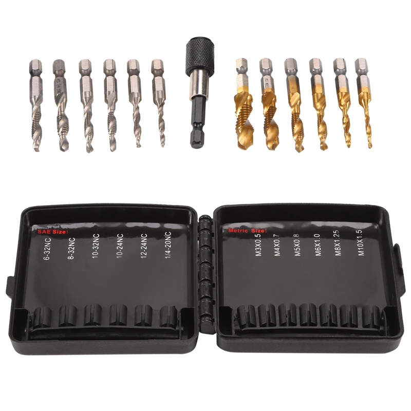 

13PCS Gold&Silver Combination Drill Tap Bits Set For Screw Thread Drilling Tapping Deburring Countersinking