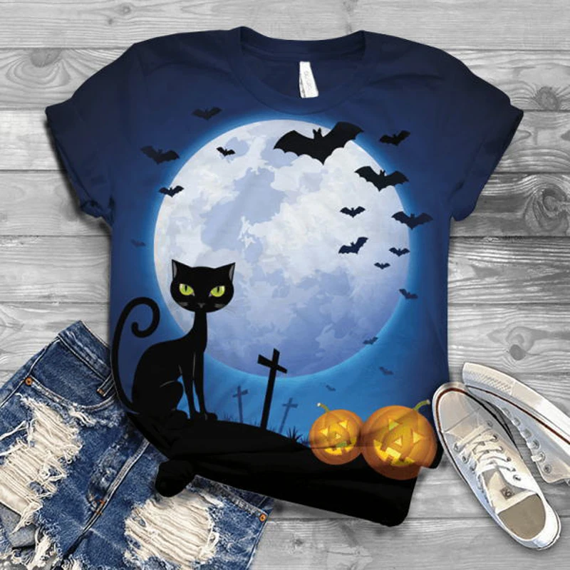 

Fall Ladies Short Sleeve Summer Halloween Black Cat Print T-shirt Pumpkin 3D Printing Circle Neck Casual Tops For Fashion Women