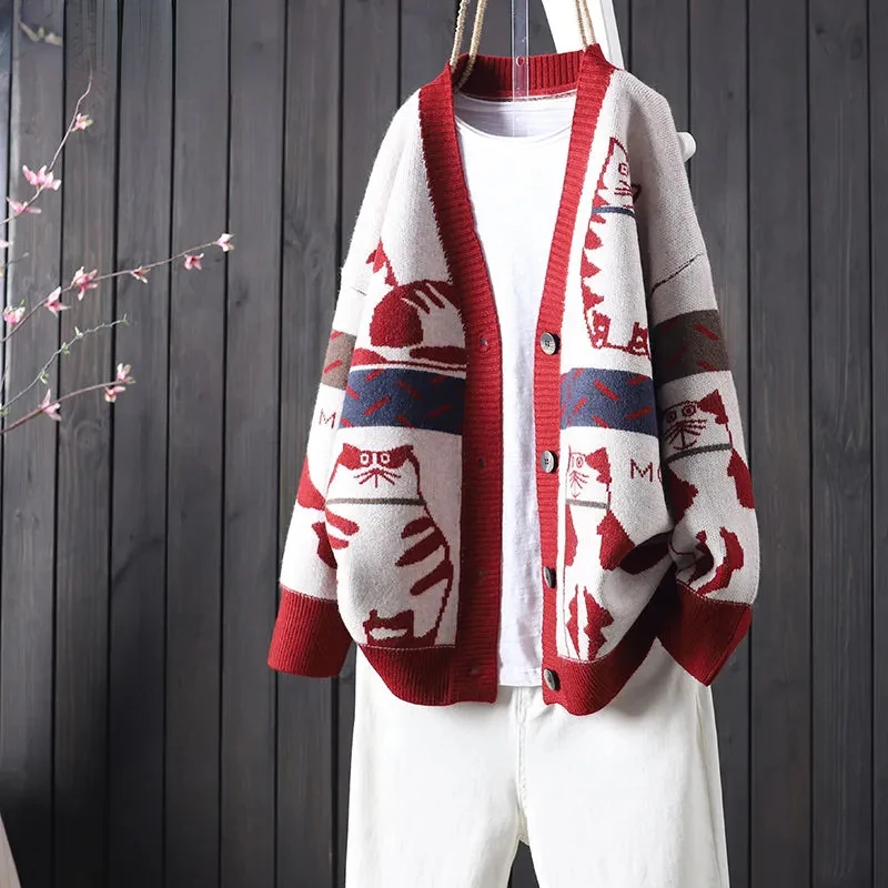 

Женский вязаный кардиган с рисунком кота, осенне-зимний вязаный Топ с длинным рукавом и пуговицами, свободный Свитер оверсайз