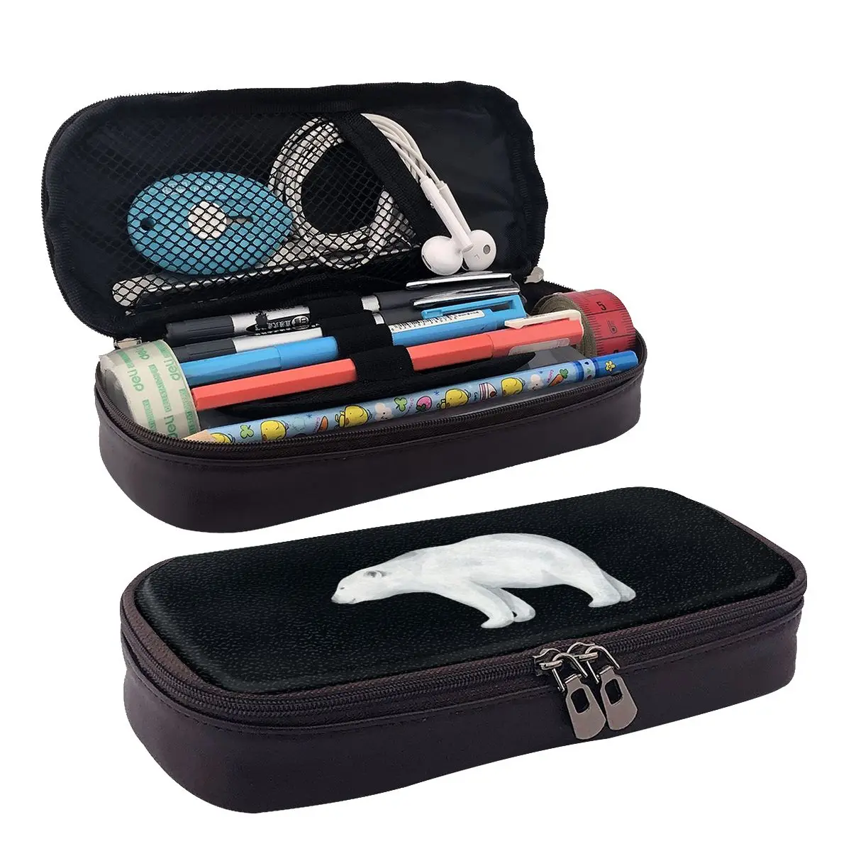 

Cute Polar Bear Musician Leather Pencil Case Zipper Pencil Box Stationery Pen Pouch for Boys Girls School Students Work Office